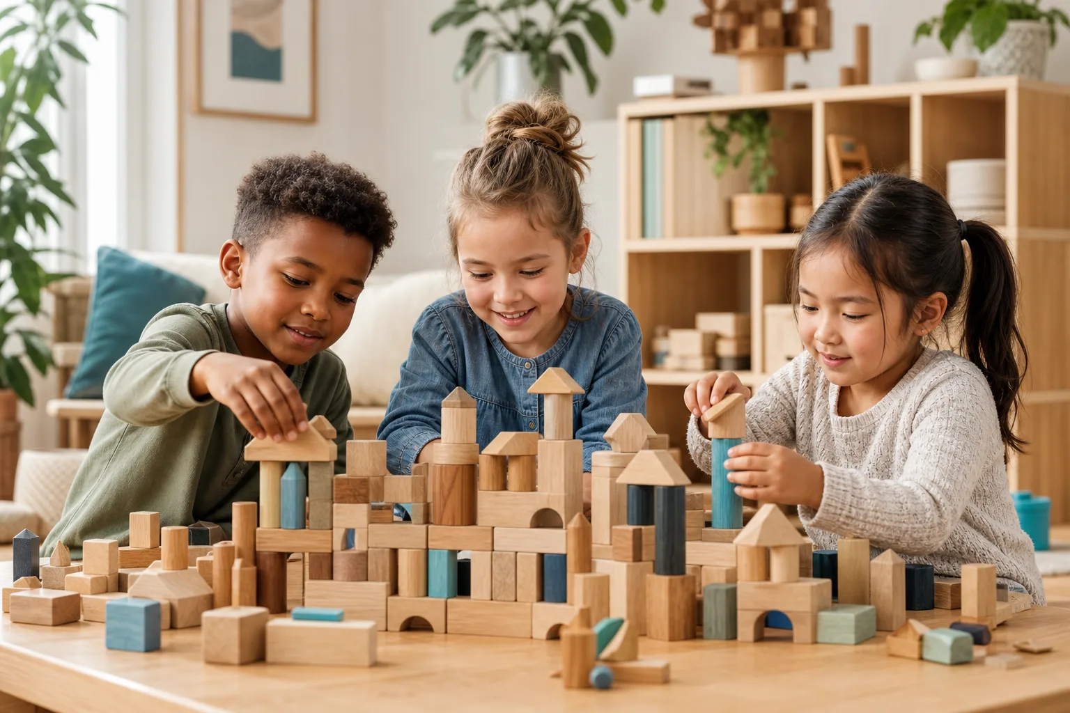 Three fictional children building a wooden-block city together