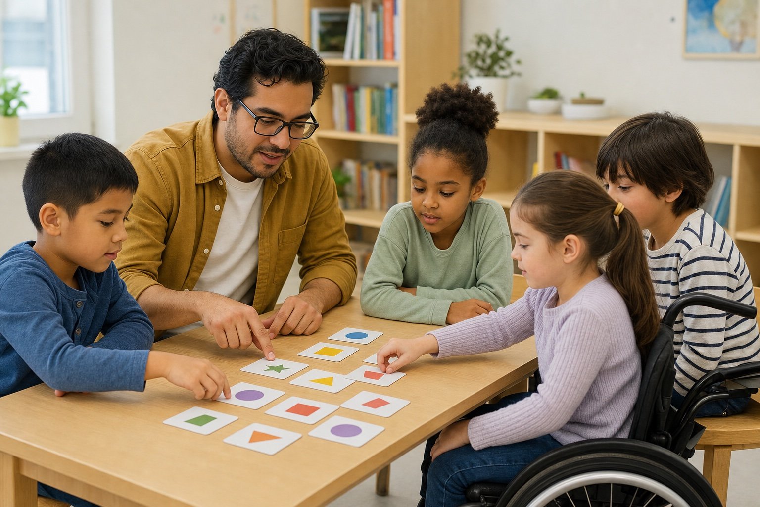 Fictional male educator and four children using matching cards in an inclusive classroom