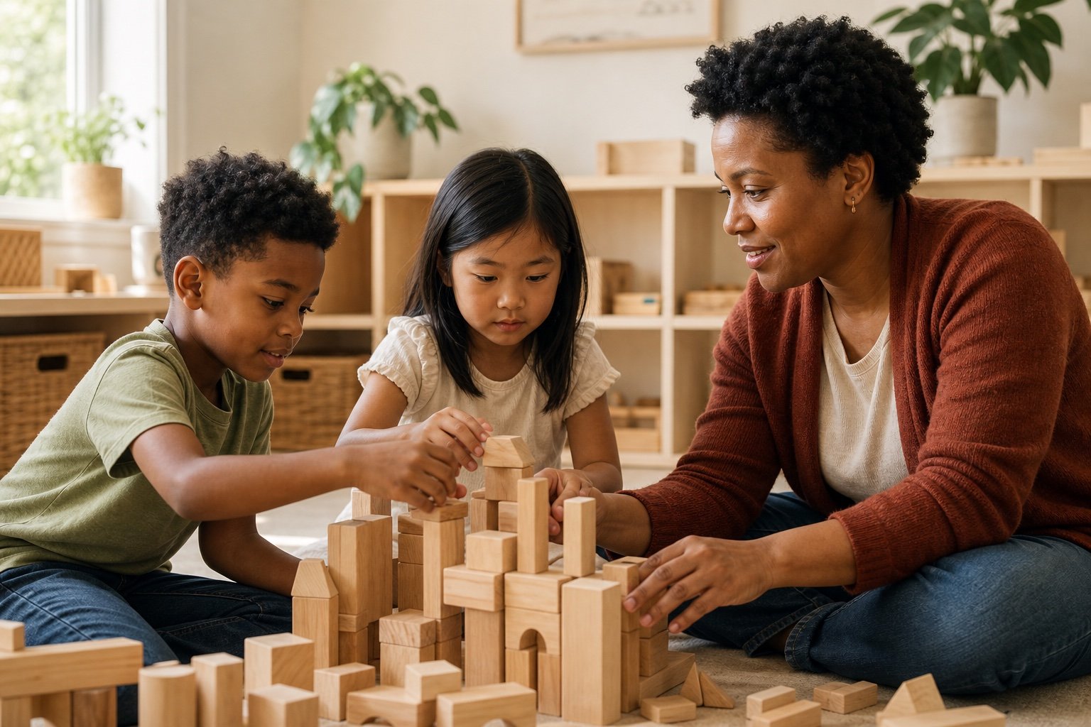 Fictional adult and two children building with wooden blocks