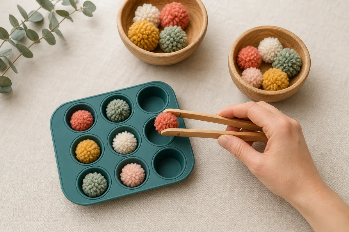 Hands arranging colorful play materials for an adaptable activity