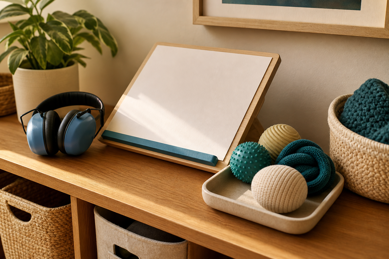 Adaptive play and classroom tools arranged in an accessible still life