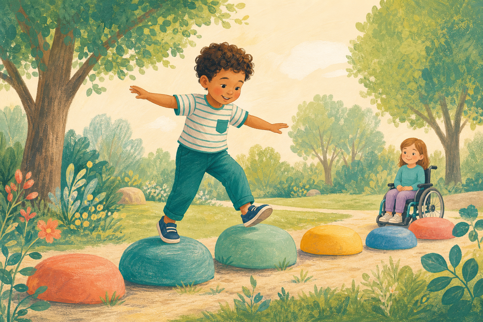 Illustration of children playing outdoors around colorful stepping stones