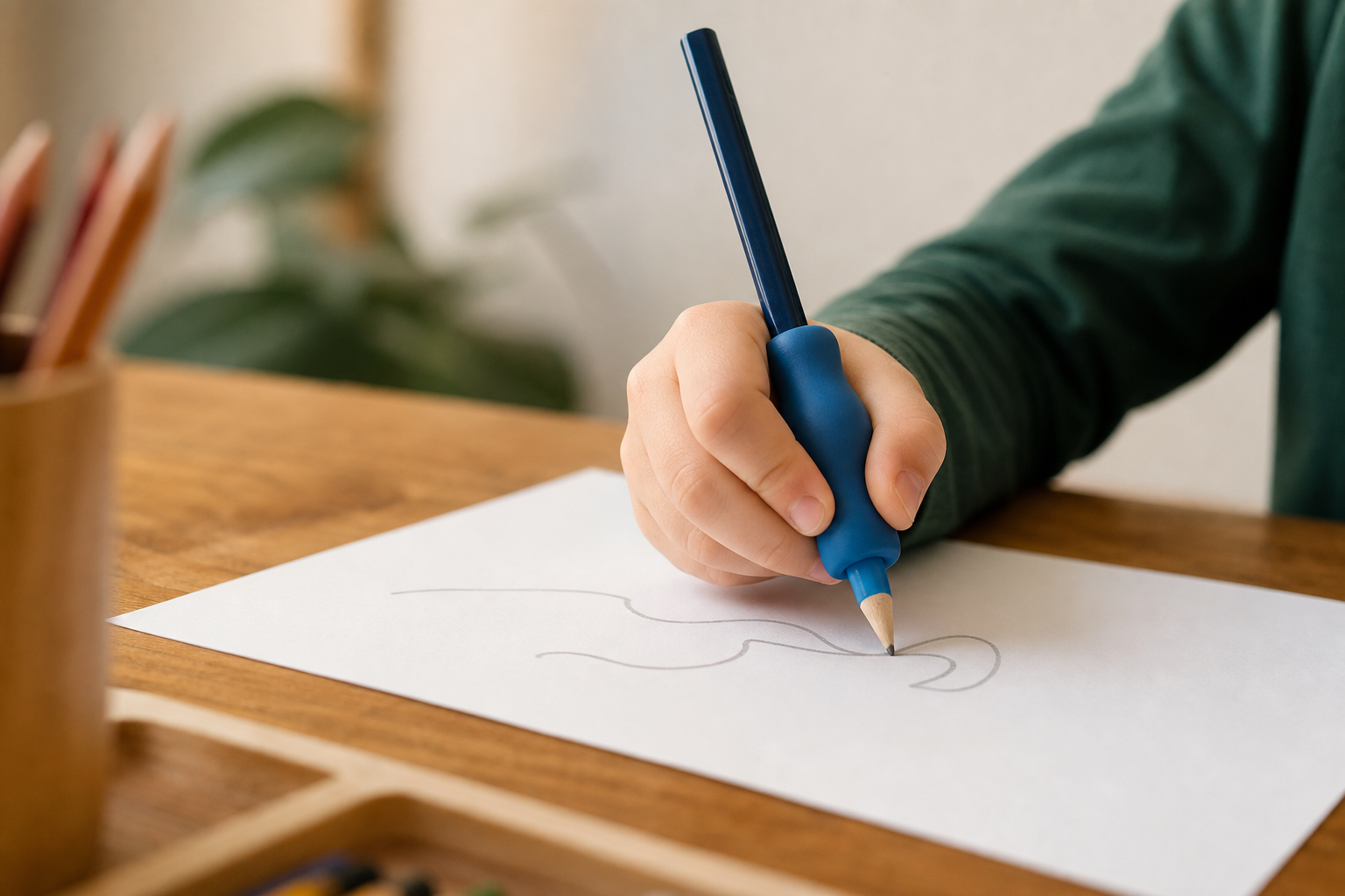A child using a large pencil grip to draw on paper