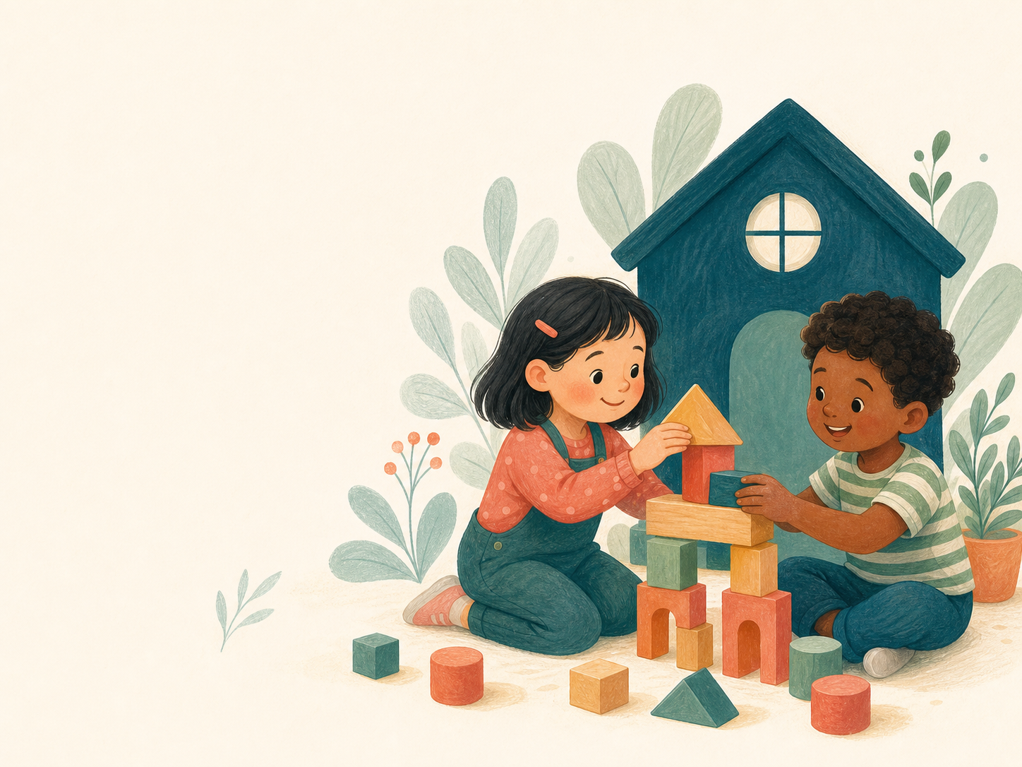 Illustration of two children building with blocks by a play house