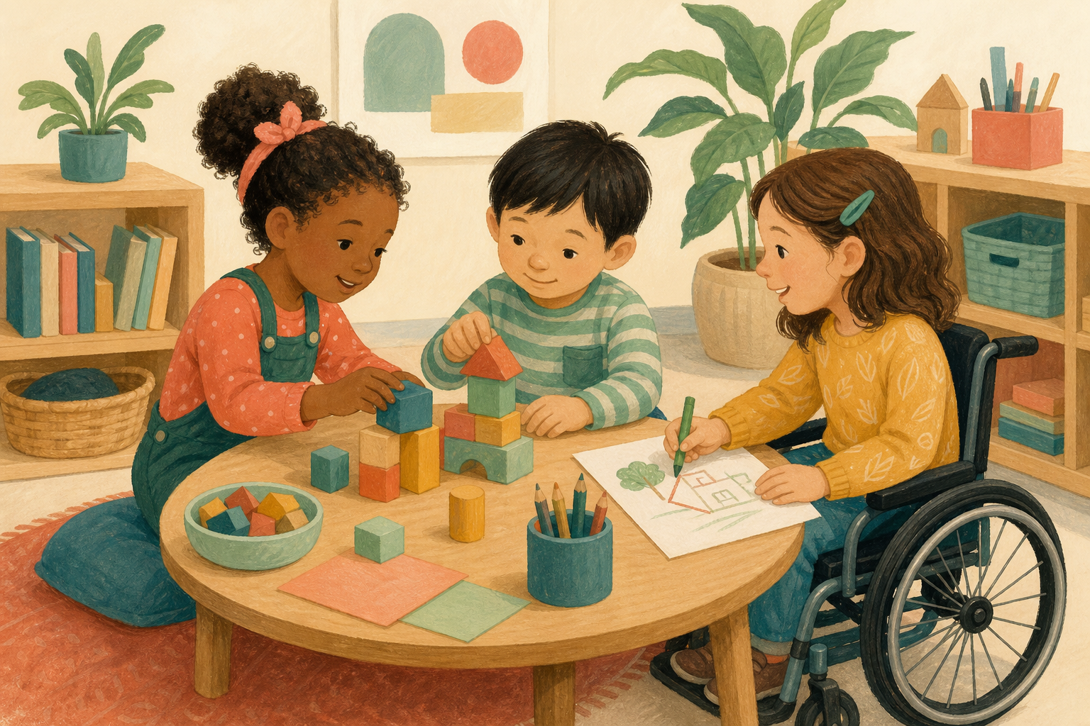 Illustration of children playing together at a table, including a child using a wheelchair