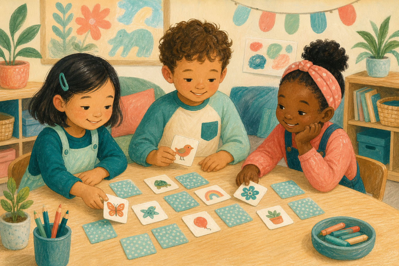 Illustration of children playing a picture-matching game together