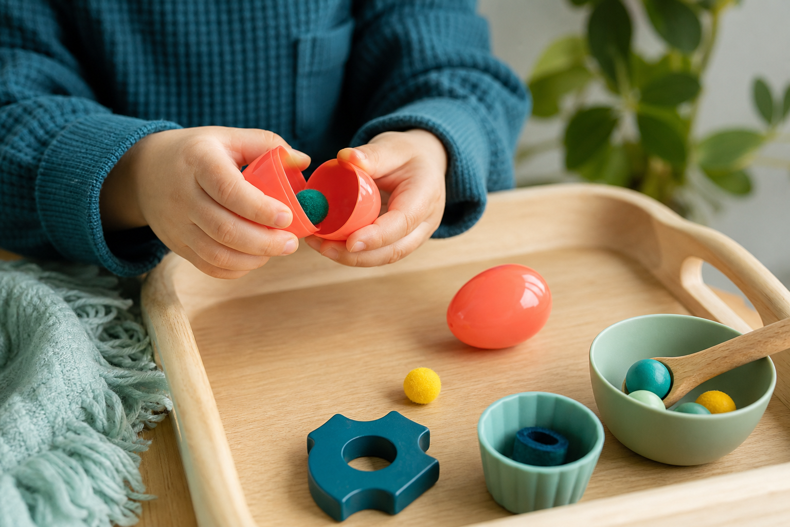 A child opening a plastic egg over a wooden activity tray