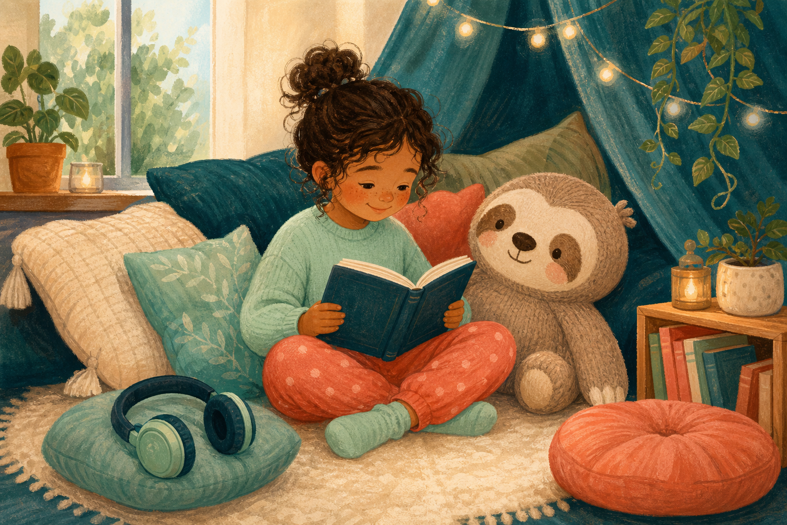 Illustration of a child reading in a cozy indoor play nook
